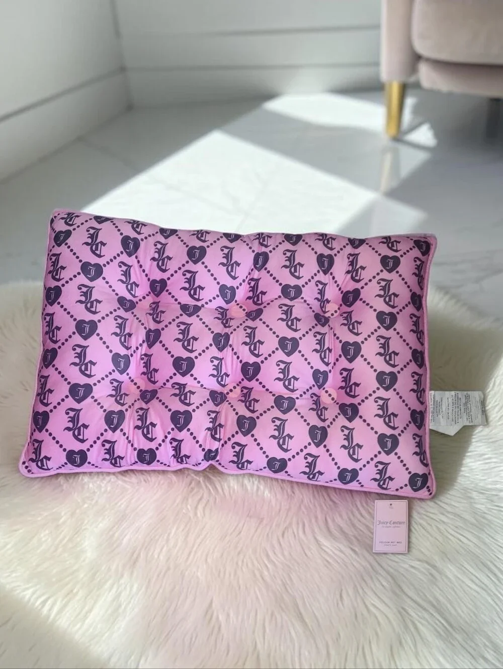 Juicy Couture Pink Velour Pet Bed with Monogram JC Logo and Heart Pattern